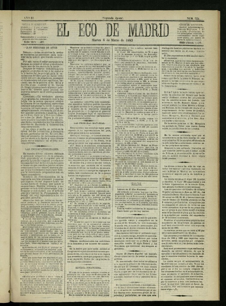 Miniatura de El Eco de Madrid : diario político de la tarde del 6 de marzo de 1883, nº 524