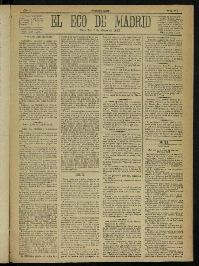 Miniatura de El Eco de Madrid : diario político de la tarde del 7 de marzo de 1883, nº 525