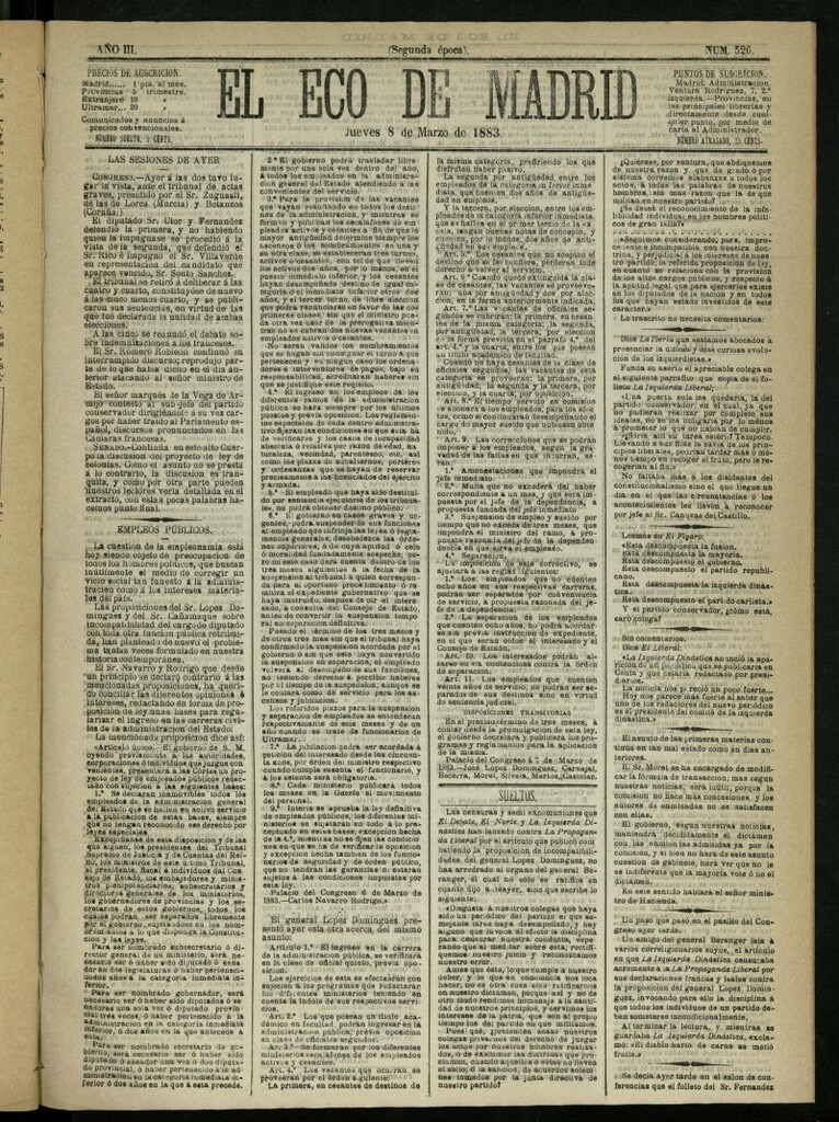 Miniatura de El Eco de Madrid : diario político de la tarde del 8 de marzo de 1883, nº 526