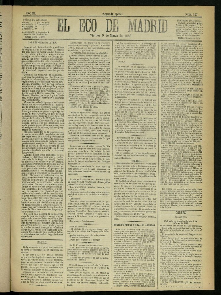 Miniatura de El Eco de Madrid : diario político de la tarde del 9 de marzo de 1883, nº 527