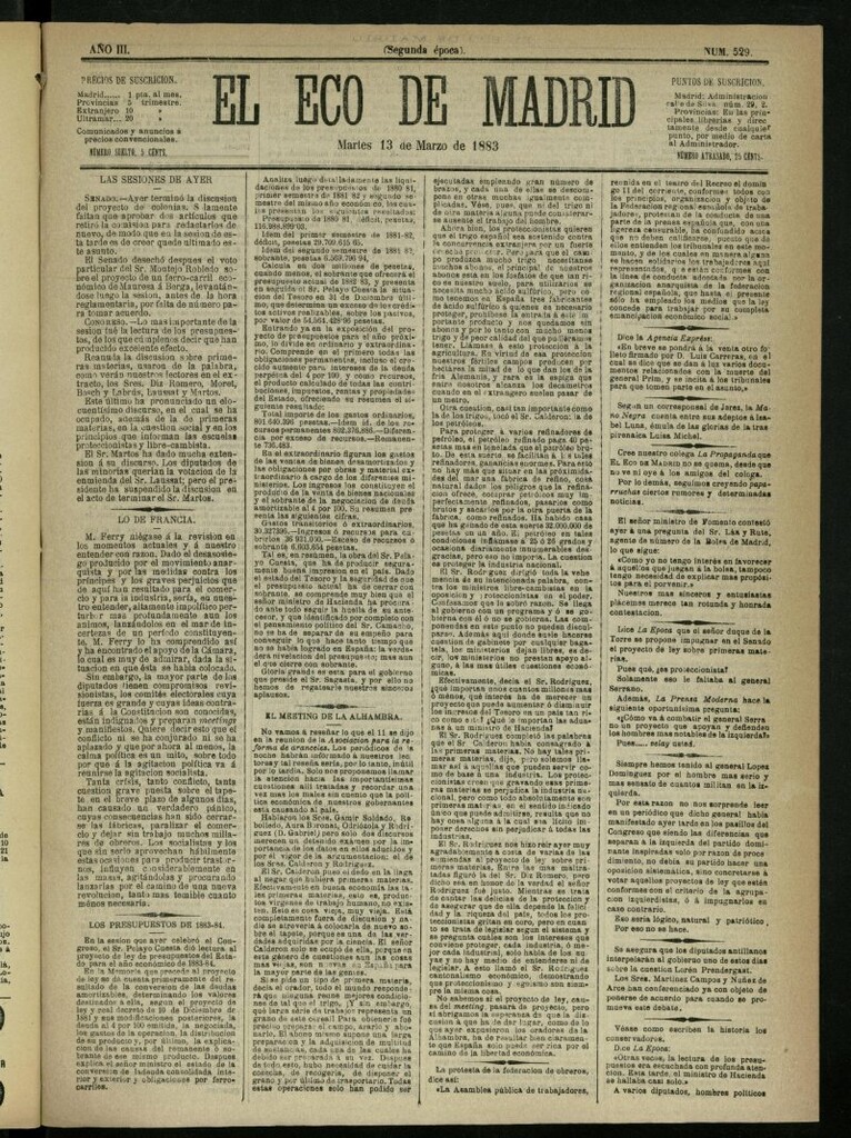 Miniatura de El Eco de Madrid : diario político de la tarde del 13 de marzo de 1883, nº 529