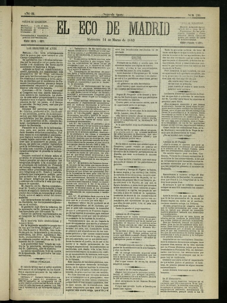 Miniatura de El Eco de Madrid : diario político de la tarde del 14 de marzo de 1883, nº 530