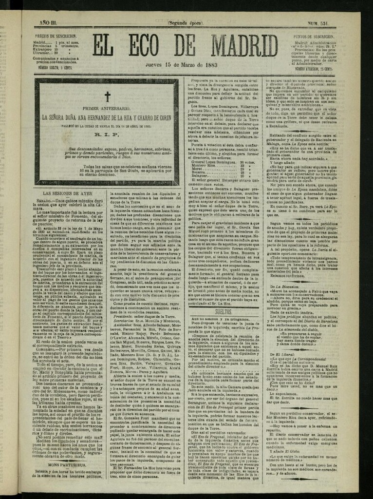 Miniatura de El Eco de Madrid : diario político de la tarde del 15 de marzo de 1883, nº 531