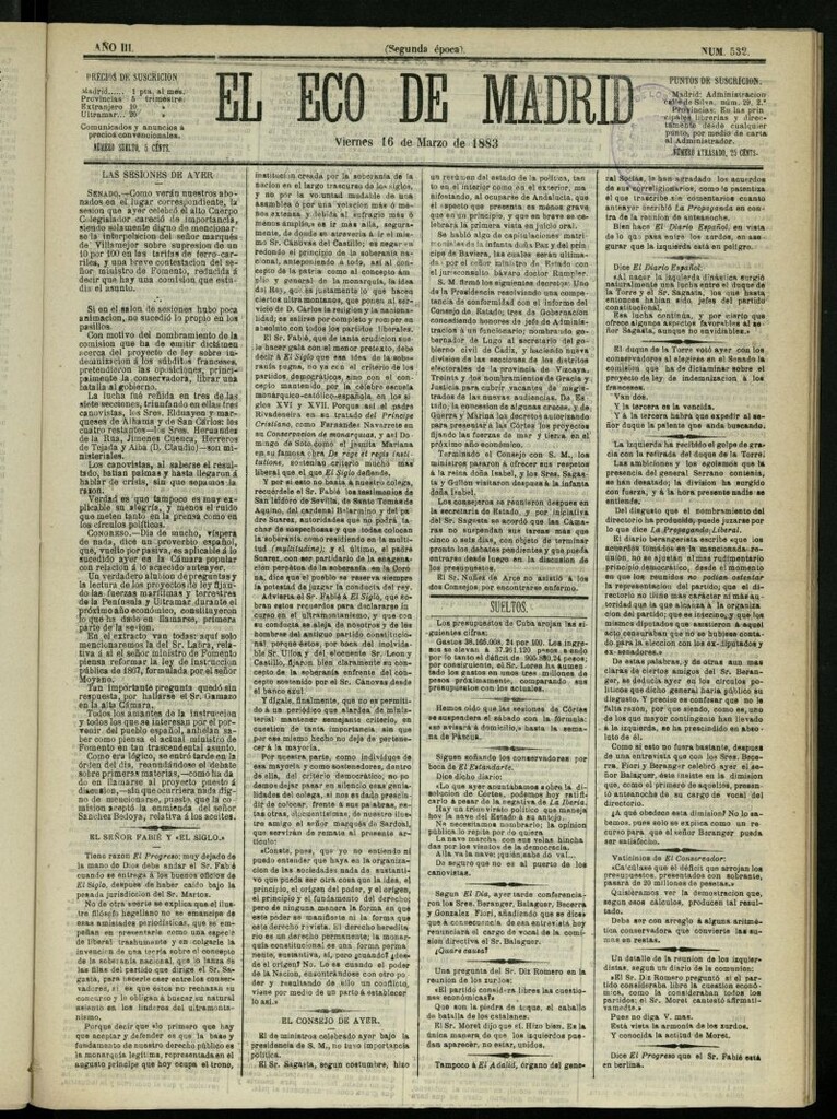 Miniatura de El Eco de Madrid : diario político de la tarde del 16 de marzo de 1883, nº 532
