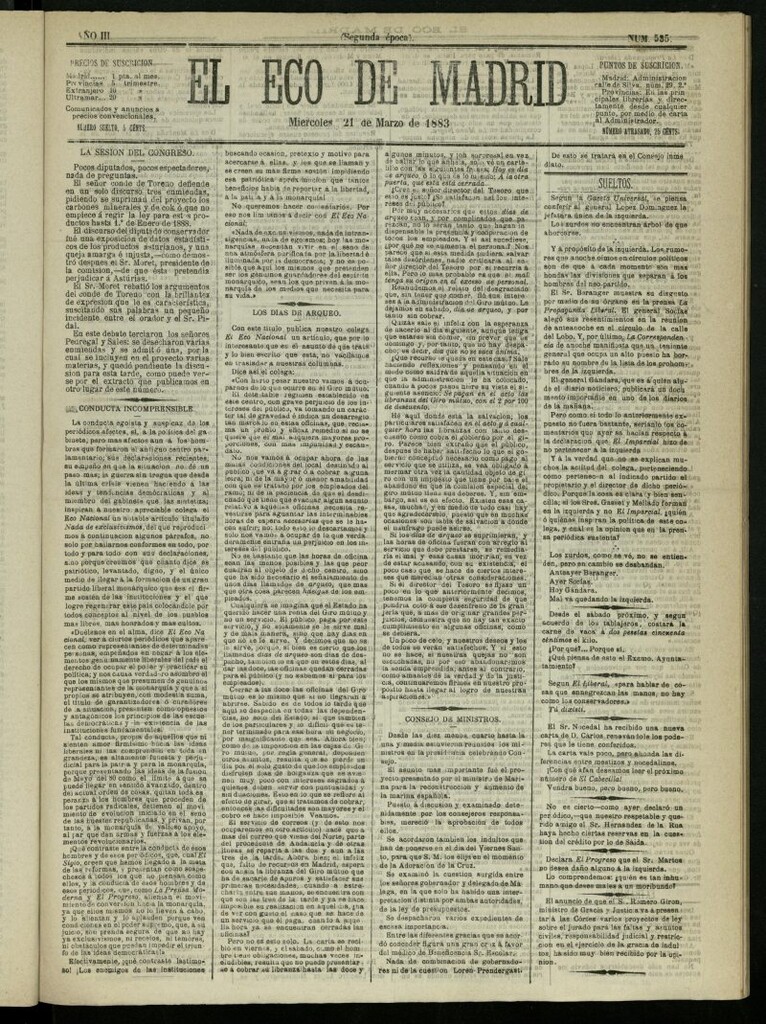 Miniatura de El Eco de Madrid : diario político de la tarde del 21 de marzo de 1883, nº 535