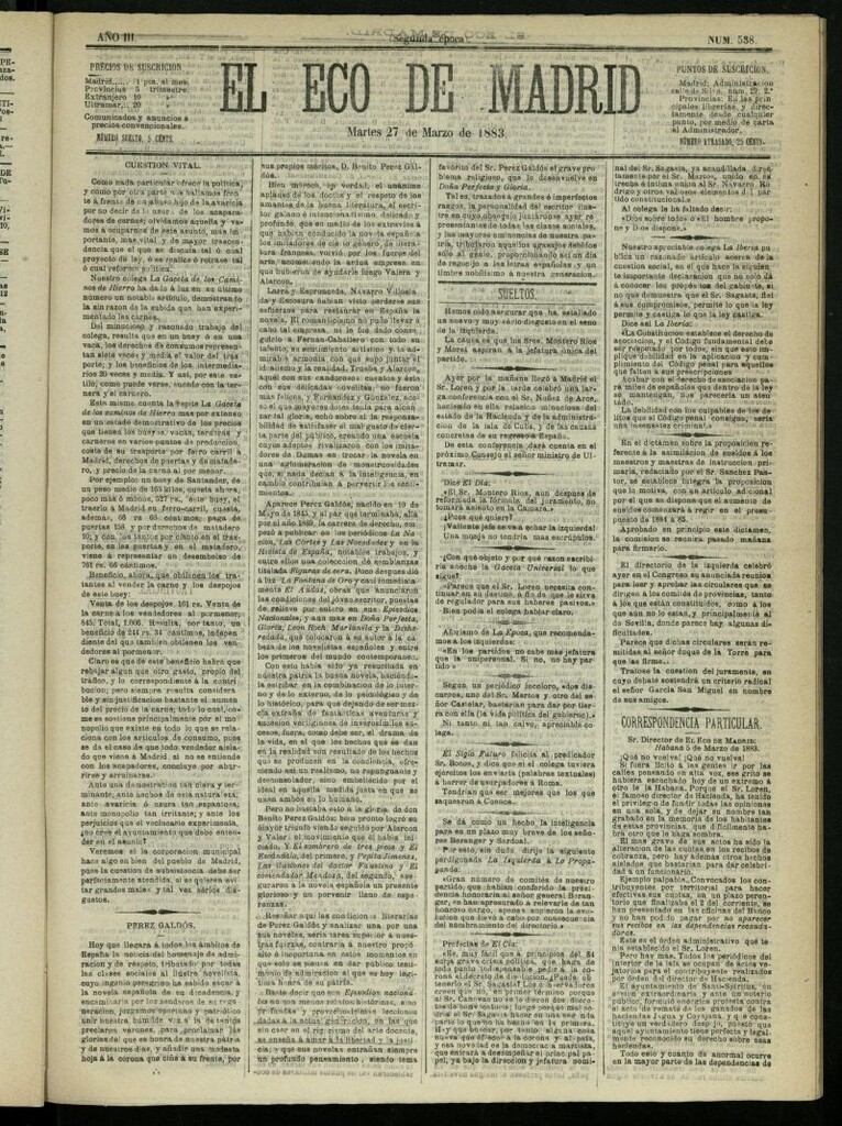 Miniatura de El Eco de Madrid : diario político de la tarde del 27 de marzo de 1883, nº 538