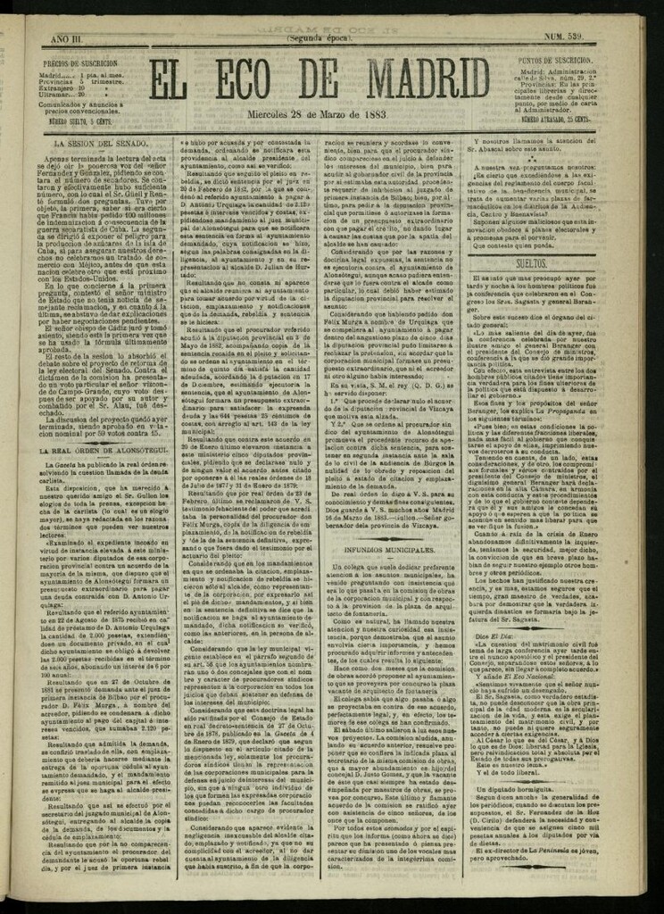 Miniatura de El Eco de Madrid : diario político de la tarde del 28 de marzo de 1883, nº 539