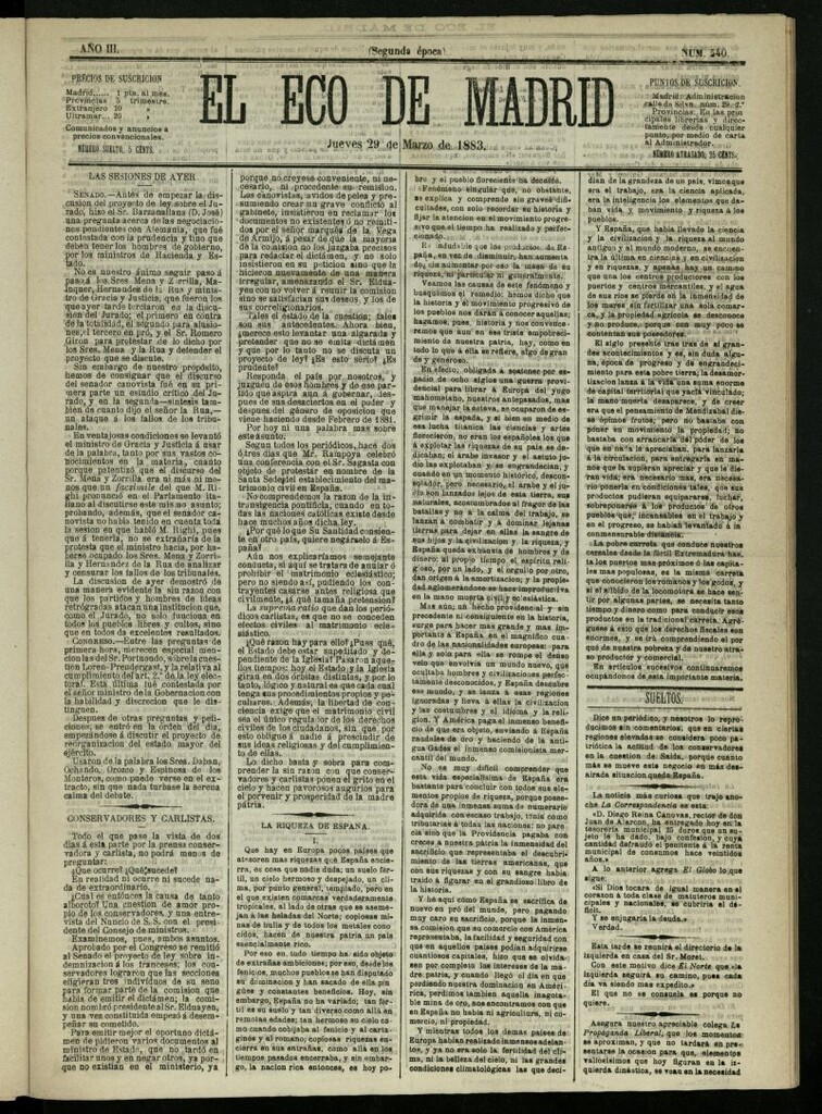 Miniatura de El Eco de Madrid : diario político de la tarde del 29 de marzo de 1883, nº 540