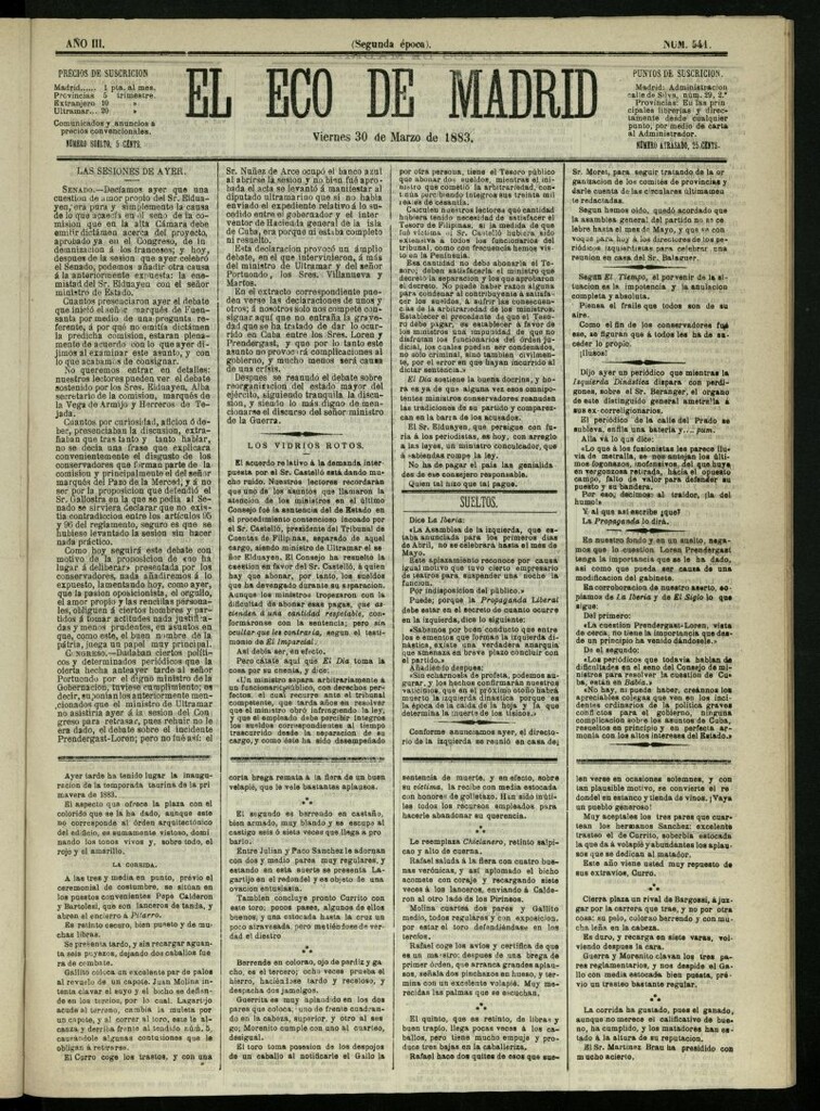 Miniatura de El Eco de Madrid : diario político de la tarde del 30 de marzo de 1883, nº 541