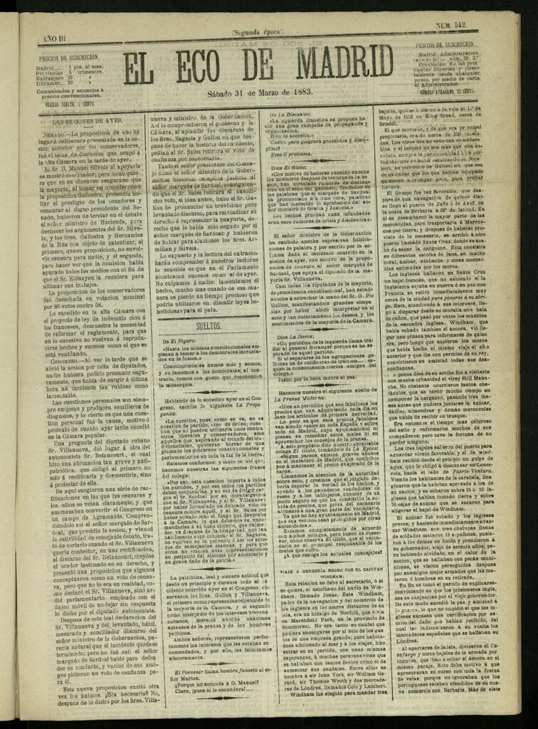Miniatura de El Eco de Madrid : diario político de la tarde del 31 de marzo de 1883, nº 542