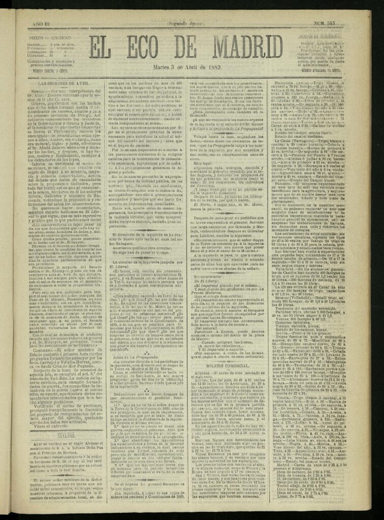 Miniatura de El Eco de Madrid : diario político de la tarde del 3 de abril de 1883, nº 543