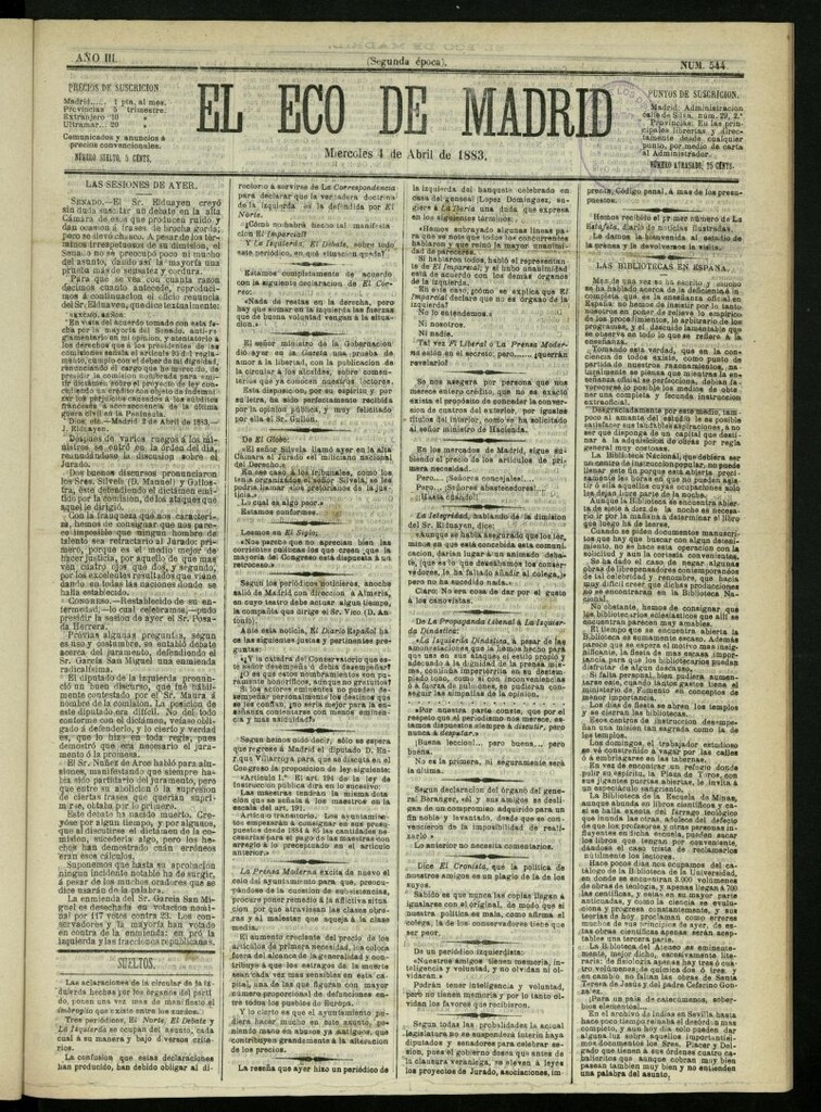 Miniatura de El Eco de Madrid : diario político de la tarde del 4 de abril de 1883, nº 544