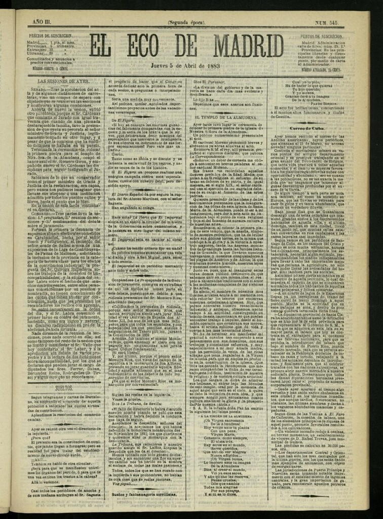 Miniatura de El Eco de Madrid : diario político de la tarde del 5 de abril de 1883, nº 545