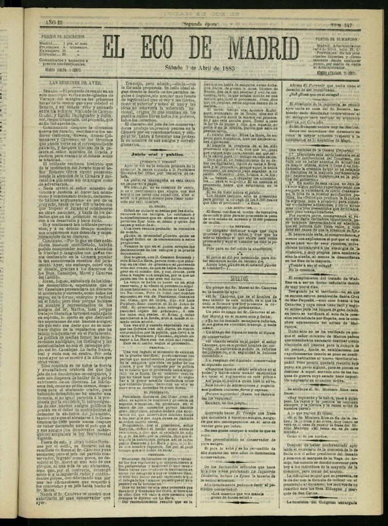 Miniatura de El Eco de Madrid : diario político de la tarde del 7 de abril de 1883, nº 547