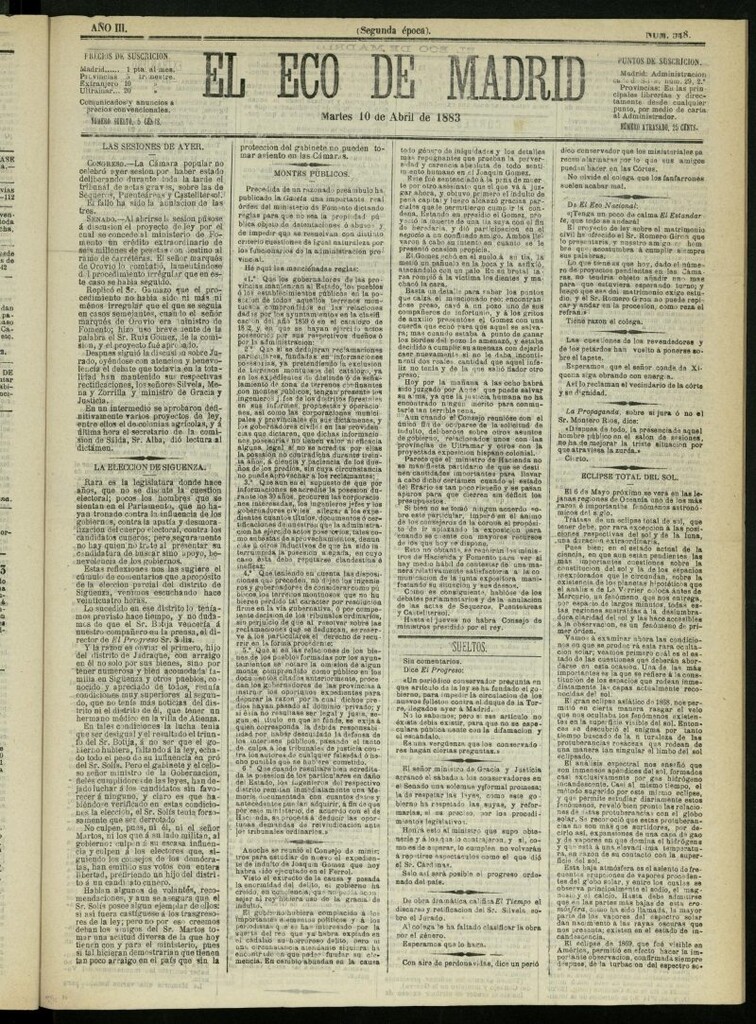 Miniatura de El Eco de Madrid : diario político de la tarde del 10 de abril de 1883, nº 548