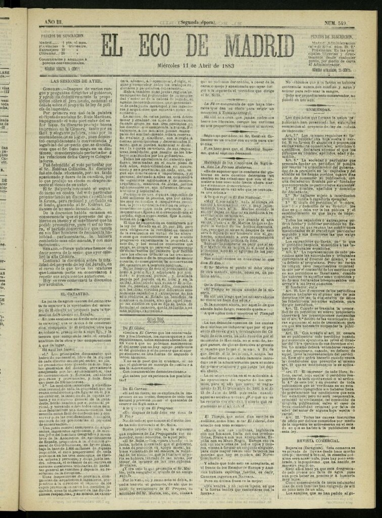 Miniatura de El Eco de Madrid : diario político de la tarde del 11 de abril de 1883, nº 549