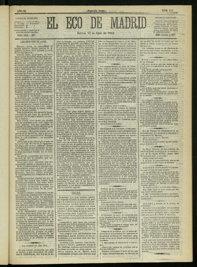 Miniatura de El Eco de Madrid : diario político de la tarde del 12 de abril de 1883, nº 550