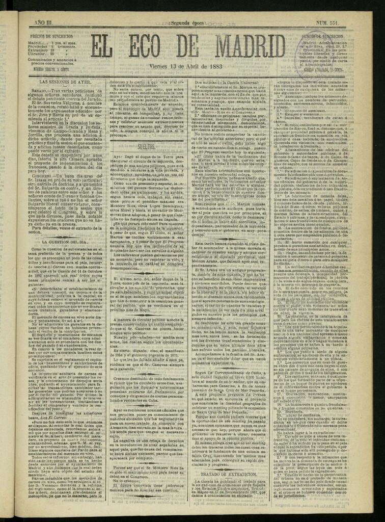 Miniatura de El Eco de Madrid : diario político de la tarde del 13 de abril de 1883, nº 551
