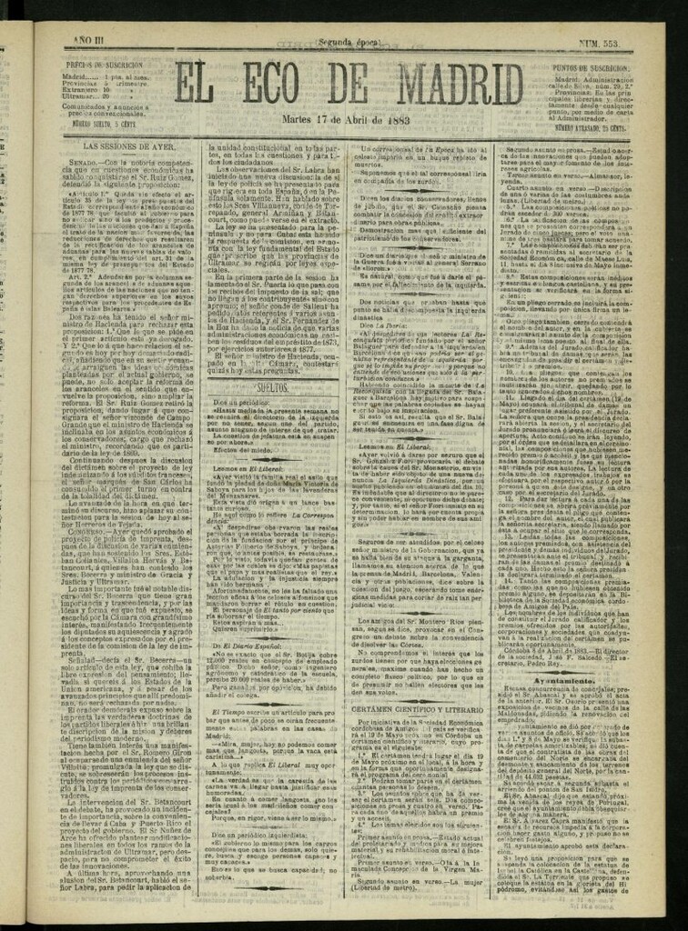 Miniatura de El Eco de Madrid : diario político de la tarde del 17 de abril de 1883, nº 553
