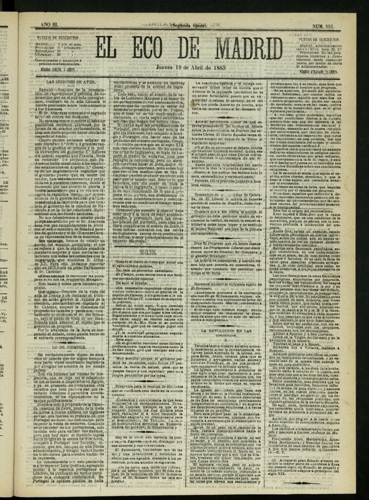 Miniatura de El Eco de Madrid : diario político de la tarde del 19 de abril de 1883, nº 555
