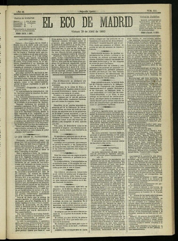 Miniatura de El Eco de Madrid : diario político de la tarde del 20 de abril de 1883, nº 556