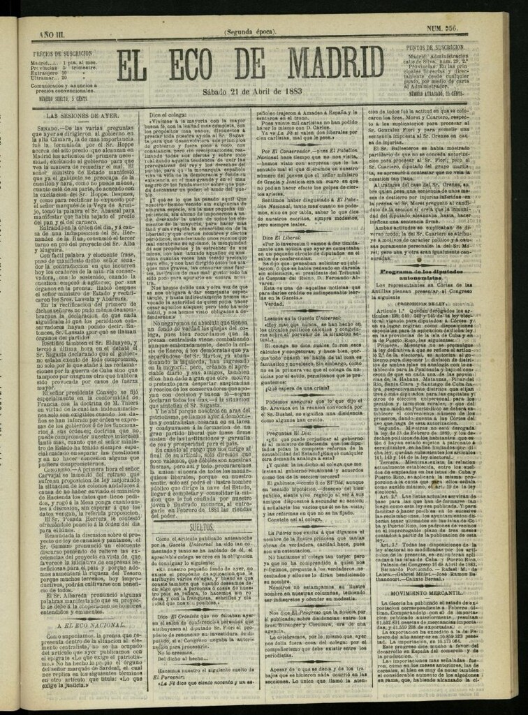 Miniatura de El Eco de Madrid : diario político de la tarde del 21 de abril de 1883, nº 556 [sic]