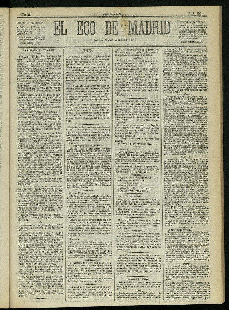 Miniatura de El Eco de Madrid : diario político de la tarde del 25 de abril de 1883, nº 557 [sic]