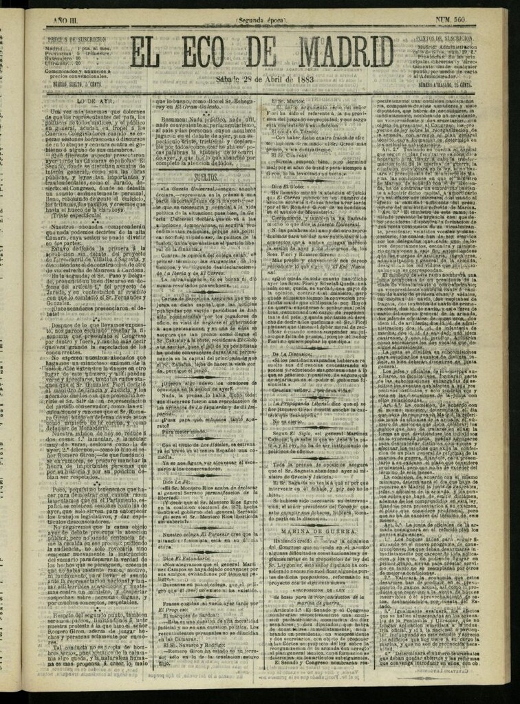 Miniatura de El Eco de Madrid : diario político de la tarde del 28 de abril de 1883, nº 560