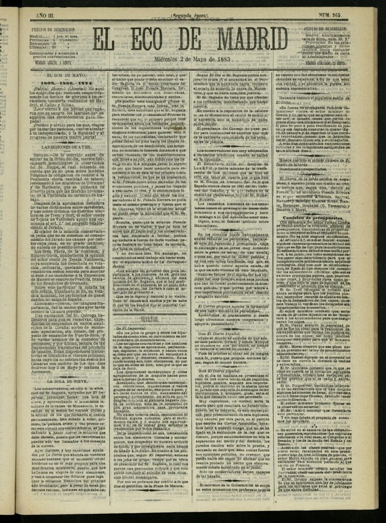 Miniatura de El Eco de Madrid : diario político de la tarde del 2 de mayo de 1883, nº 565 [sic]