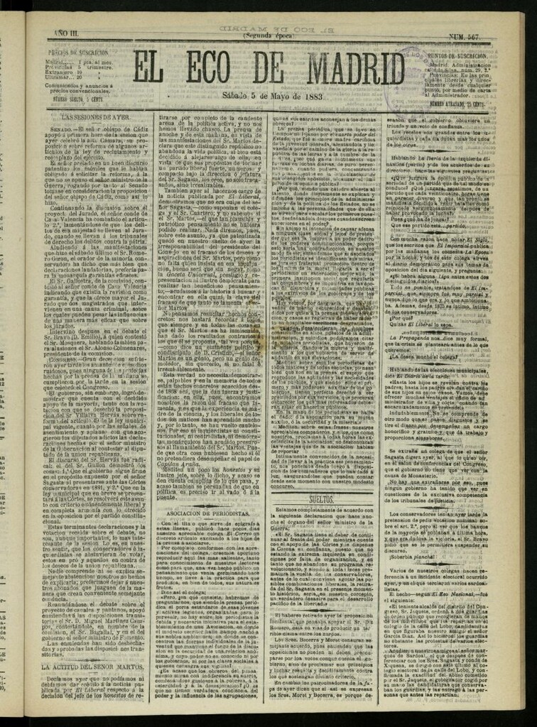 Miniatura de El Eco de Madrid : diario político de la tarde del 5 de mayo de 1883, nº 567
