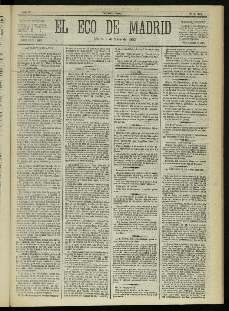 Miniatura de El Eco de Madrid : diario político de la tarde del 8 de mayo de 1883, nº 568