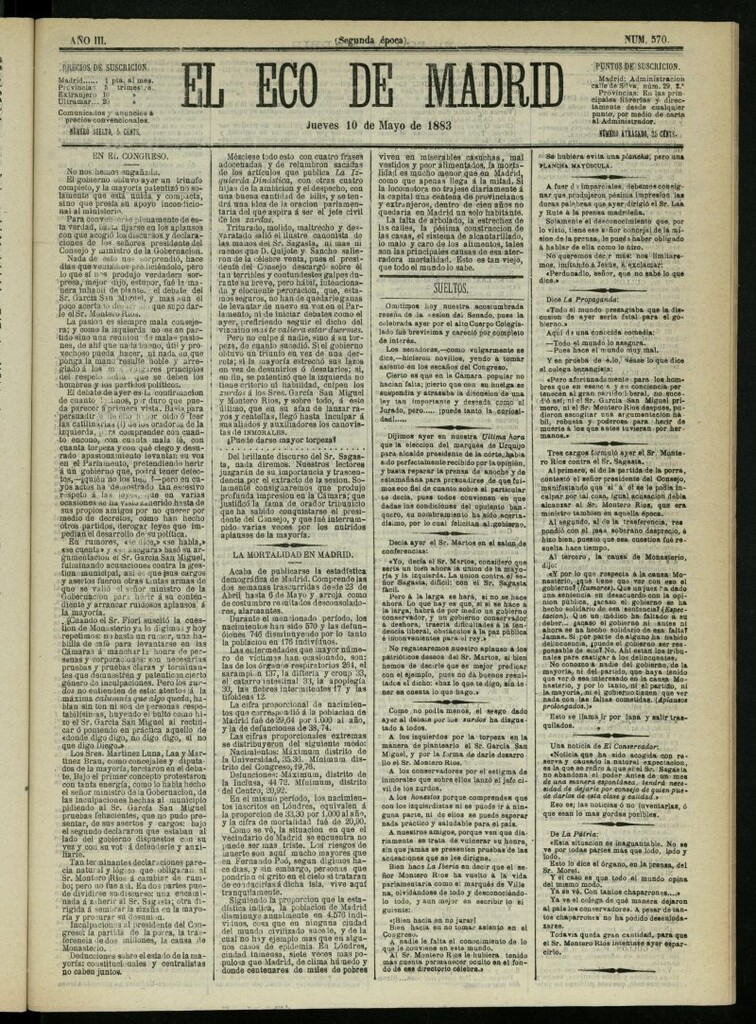 Miniatura de El Eco de Madrid : diario político de la tarde del 10 de mayo de 1883, nº 570