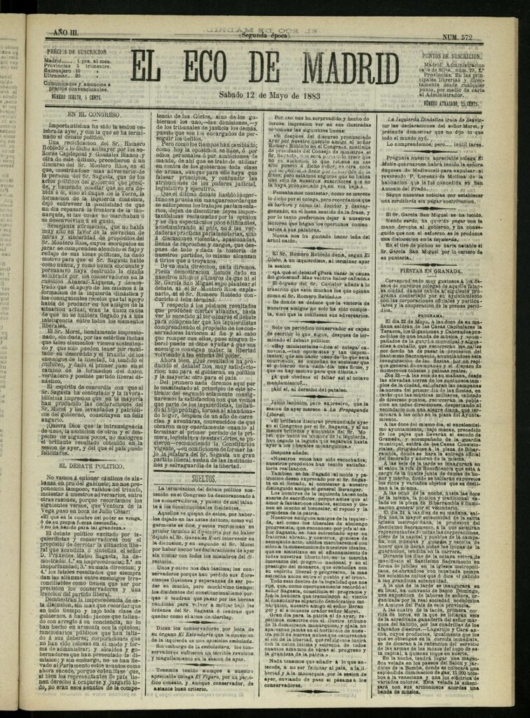 Miniatura de El Eco de Madrid : diario político de la tarde del 12 de mayo de 1883, nº 572