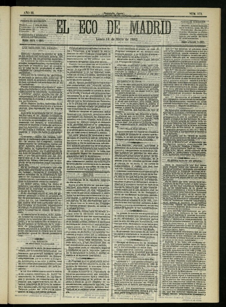 Miniatura de El Eco de Madrid : diario político de la tarde del 14 de mayo de 1883, nº 573