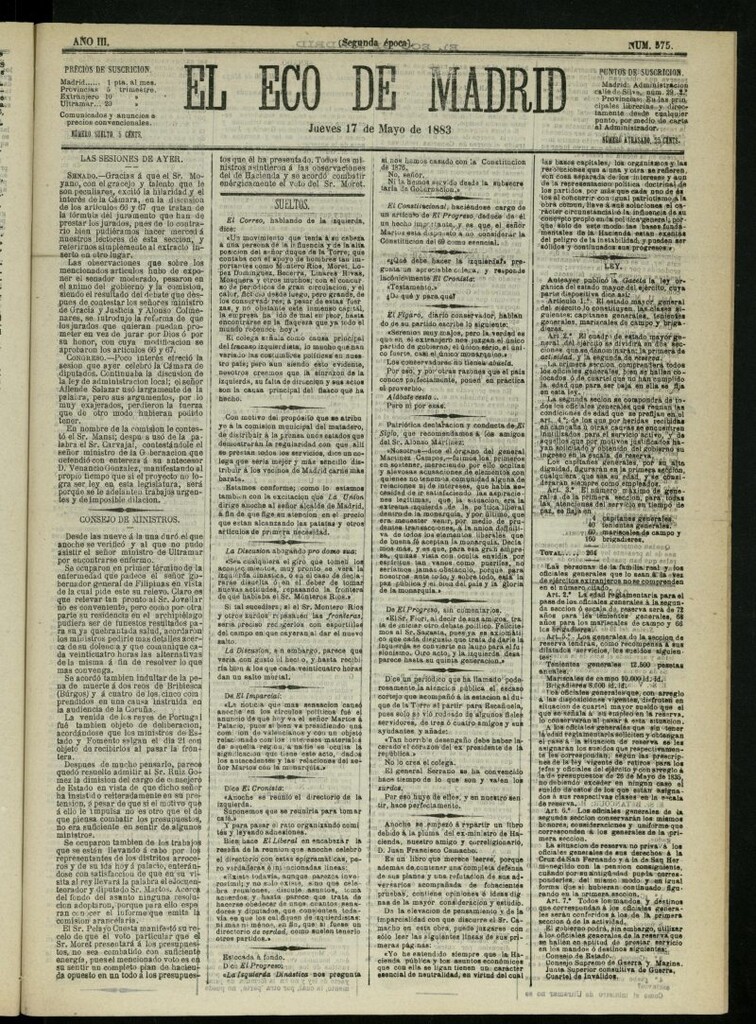 Miniatura de El Eco de Madrid : diario político de la tarde del 17 de mayo de 1883, nº 575