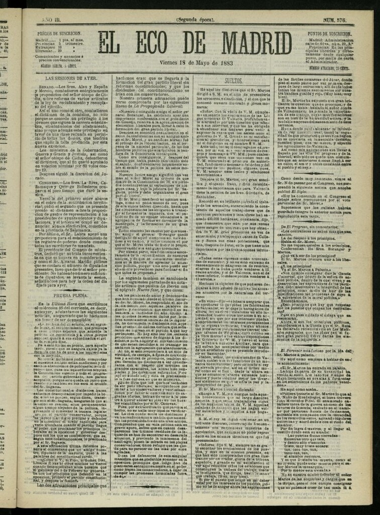 Miniatura de El Eco de Madrid : diario político de la tarde del 18 de mayo de 1883, nº 576