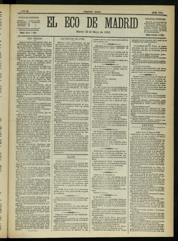 Miniatura de El Eco de Madrid : diario político de la tarde del 22 de mayo de 1883, nº 578