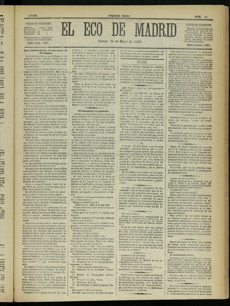 Miniatura de El Eco de Madrid : diario político de la tarde del 25 de mayo de 1883, nº 80 [sic]