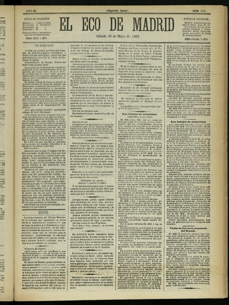 Miniatura de El Eco de Madrid : diario político de la tarde del 26 de mayo de 1883, nº 518 [sic]