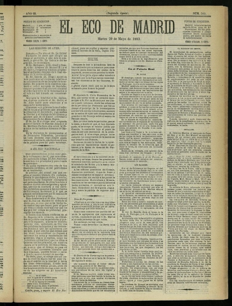 Miniatura de El Eco de Madrid : diario político de la tarde del 29 de mayo de 1883, nº 519
