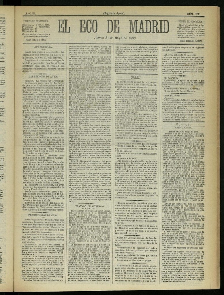 Miniatura de El Eco de Madrid : diario político de la tarde del 31 de mayo de 1883, nº 521