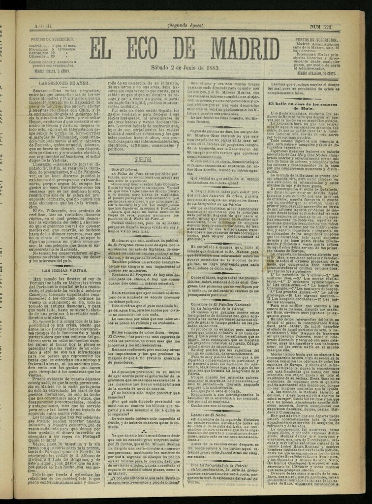 Miniatura de El Eco de Madrid : diario político de la tarde del 2 de junio de 1883, nº 523