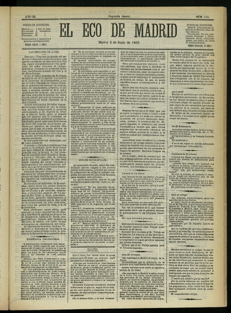 Miniatura de El Eco de Madrid : diario político de la tarde del 5 de junio de 1883, nº 524