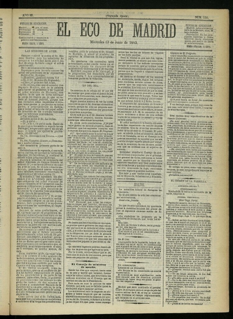 Miniatura de El Eco de Madrid : diario político de la tarde del 13 de junio de 1883, nº 530