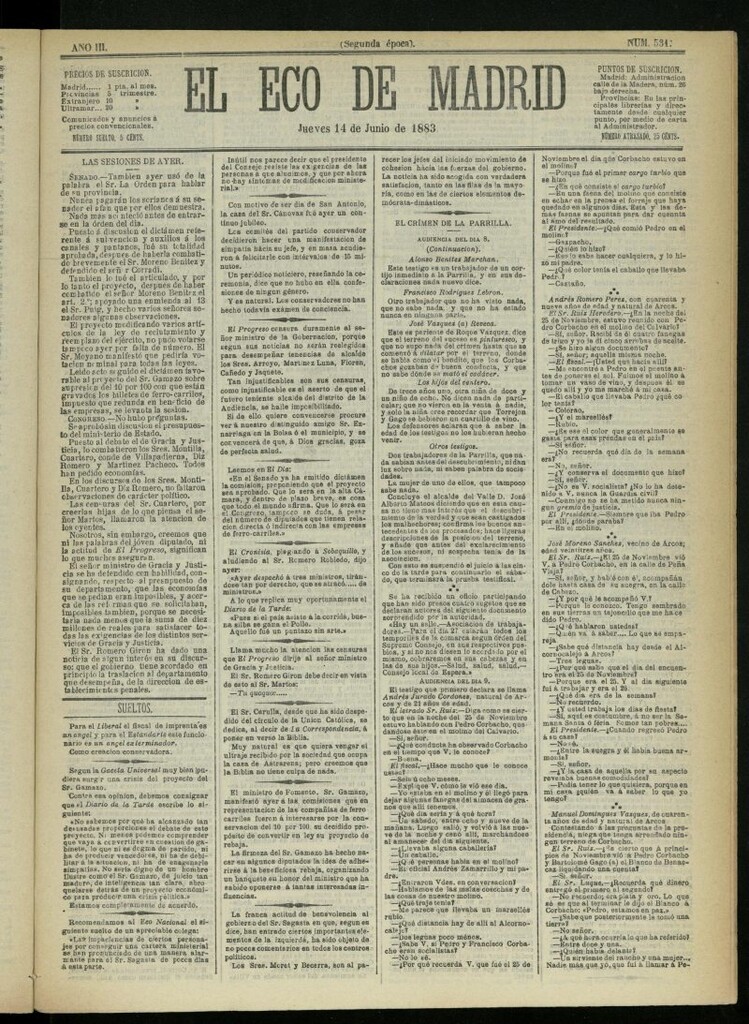 Miniatura de El Eco de Madrid : diario político de la tarde del 14 de junio de 1883, nº 531