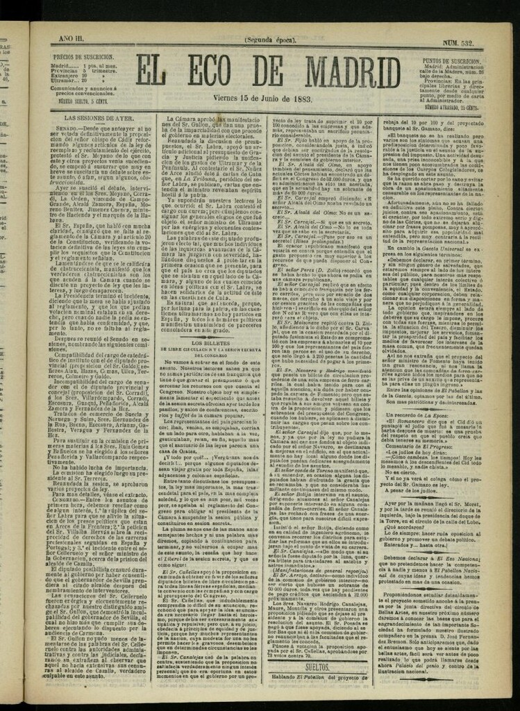 Miniatura de El Eco de Madrid : diario político de la tarde del 15 de junio de 1883, nº 532