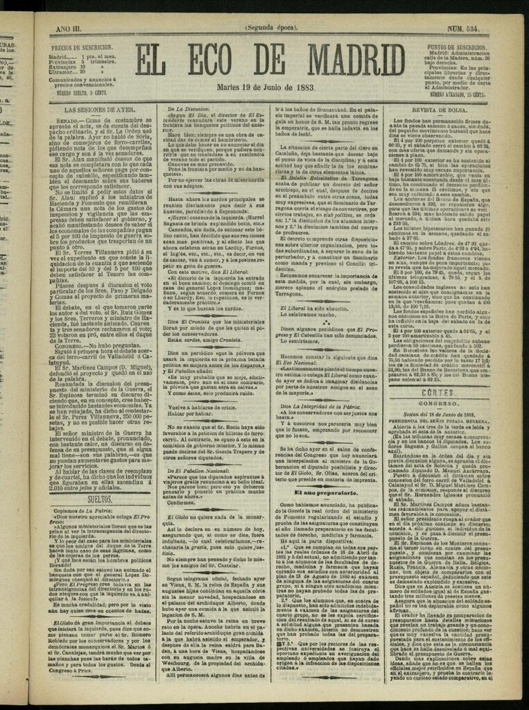 Miniatura de El Eco de Madrid : diario político de la tarde del 19 de junio de 1883, nº 534