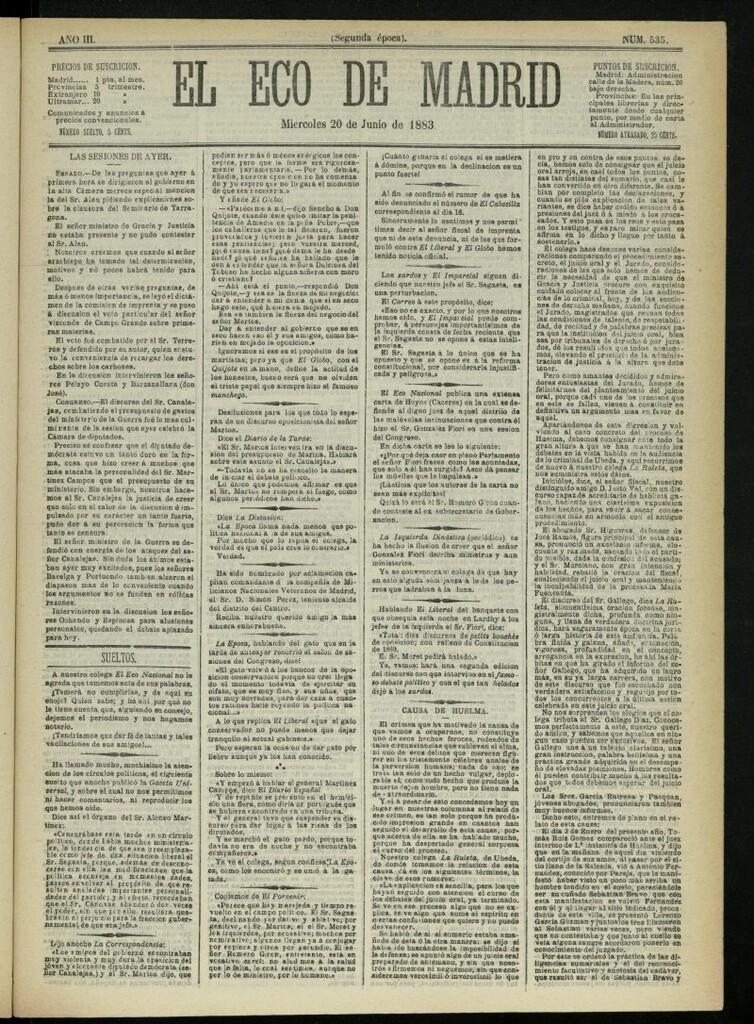 Miniatura de El Eco de Madrid : diario político de la tarde del 20 de junio de 1883, nº 535