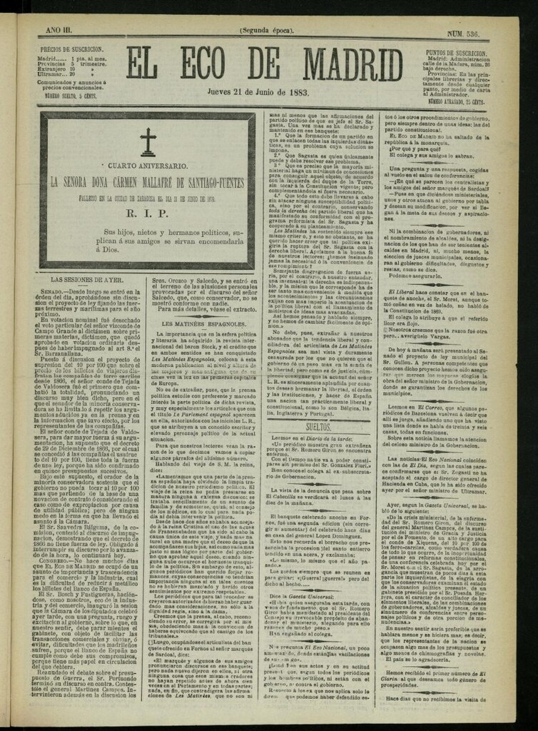 Miniatura de El Eco de Madrid : diario político de la tarde del 21 de junio de 1883, nº 536