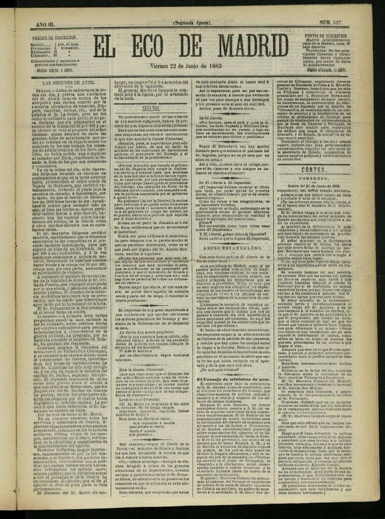 Miniatura de El Eco de Madrid : diario político de la tarde del 22 de junio de 1883, nº 537